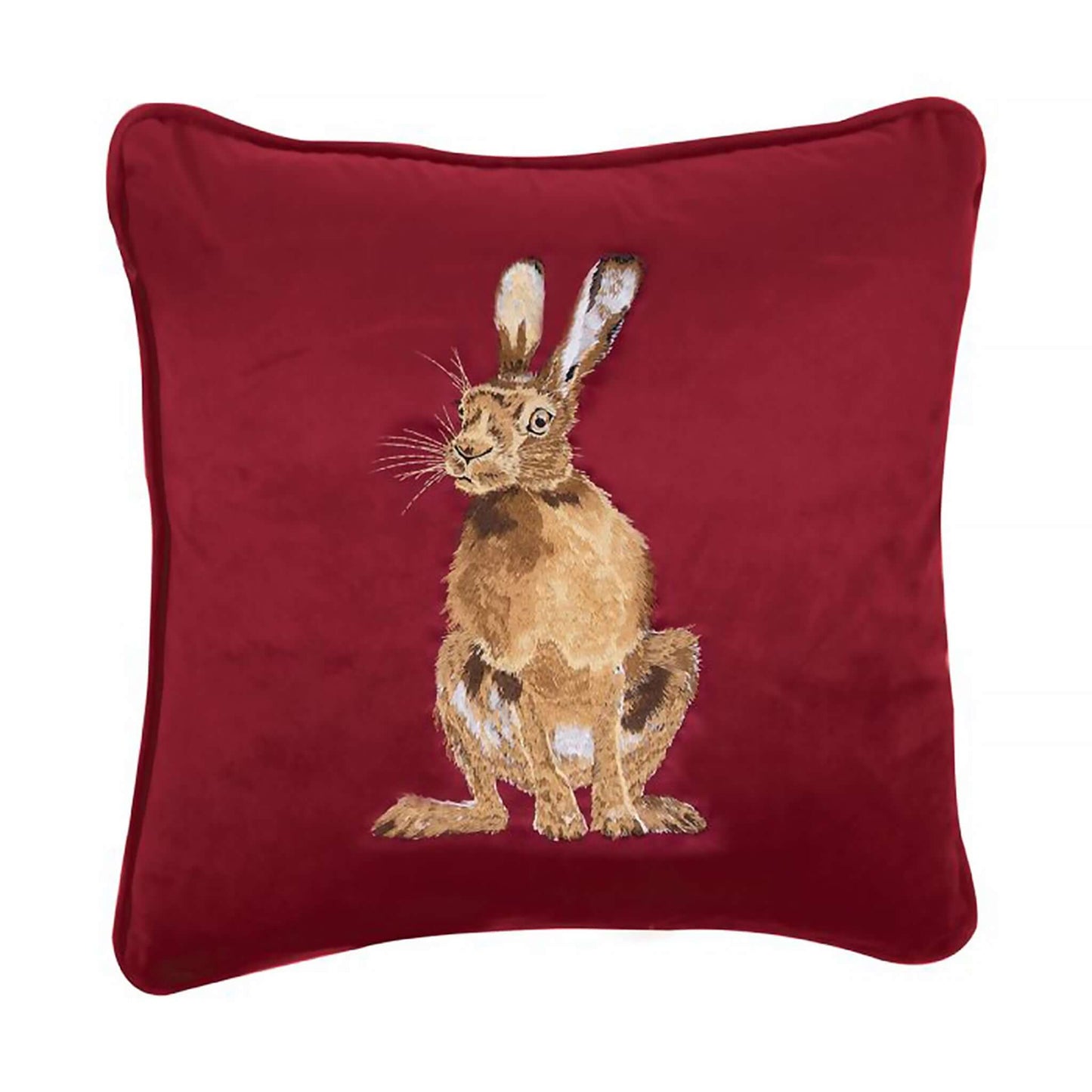Red faux suede cushion with embroidered hare design