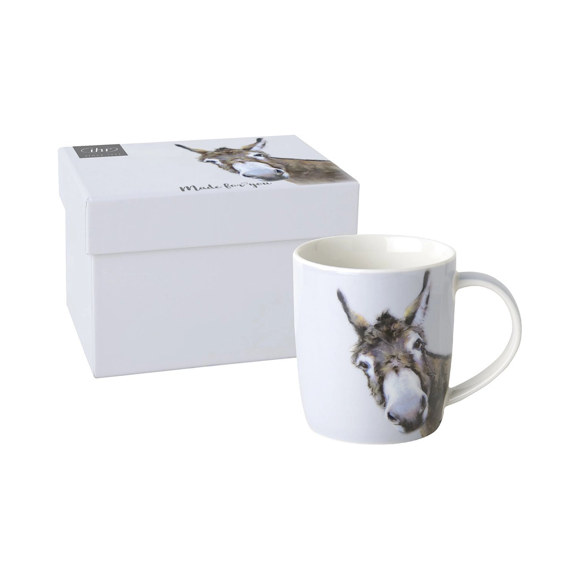 Grey porcelain mug with curious donkey design