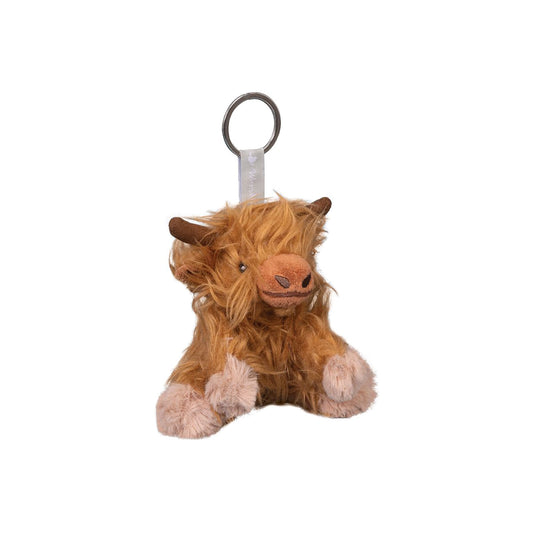 A plush keyring Highland cow with shaggy fur and an o-ring