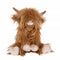 A stuffed Highland cow plush toy with the Wrendale logo embroidered on the bottom of its foot
