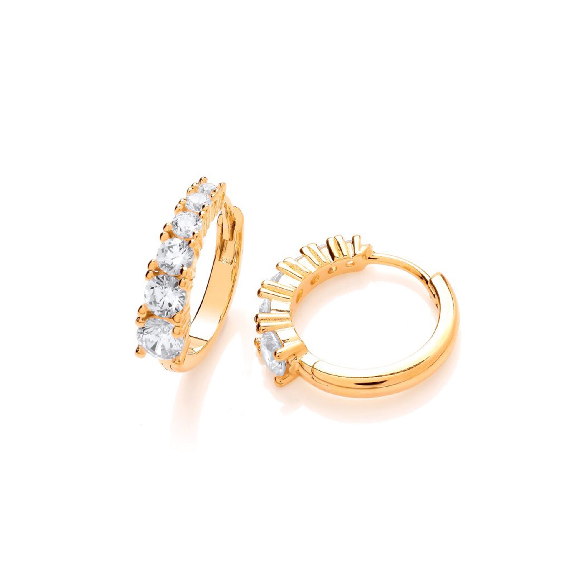 Gold huggie hoop earrings with graduated solitaire CZ stones