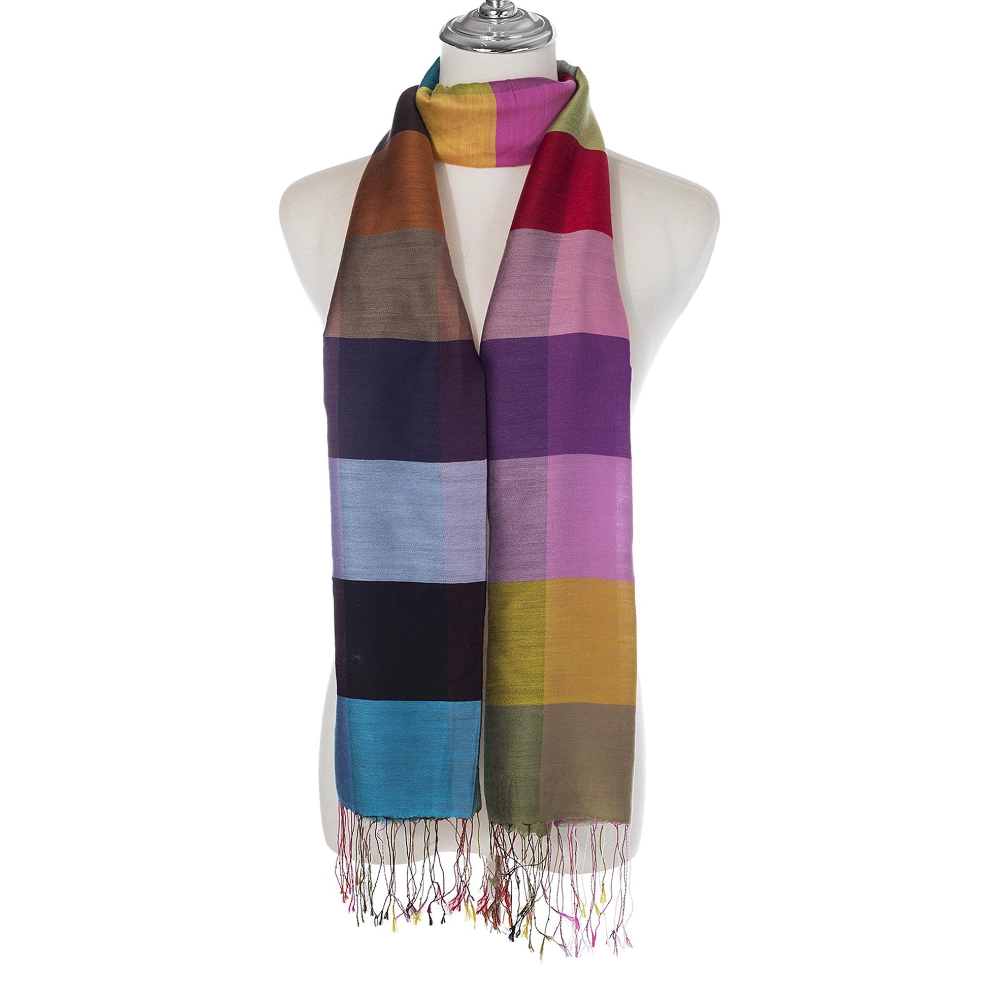 Multicolour large check patterned scarf with twist tassels