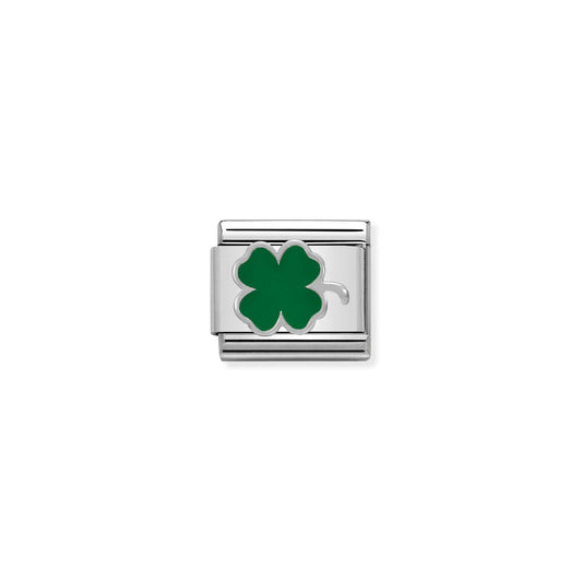A Nomination Italy charm featuring a silver green enamel clover
