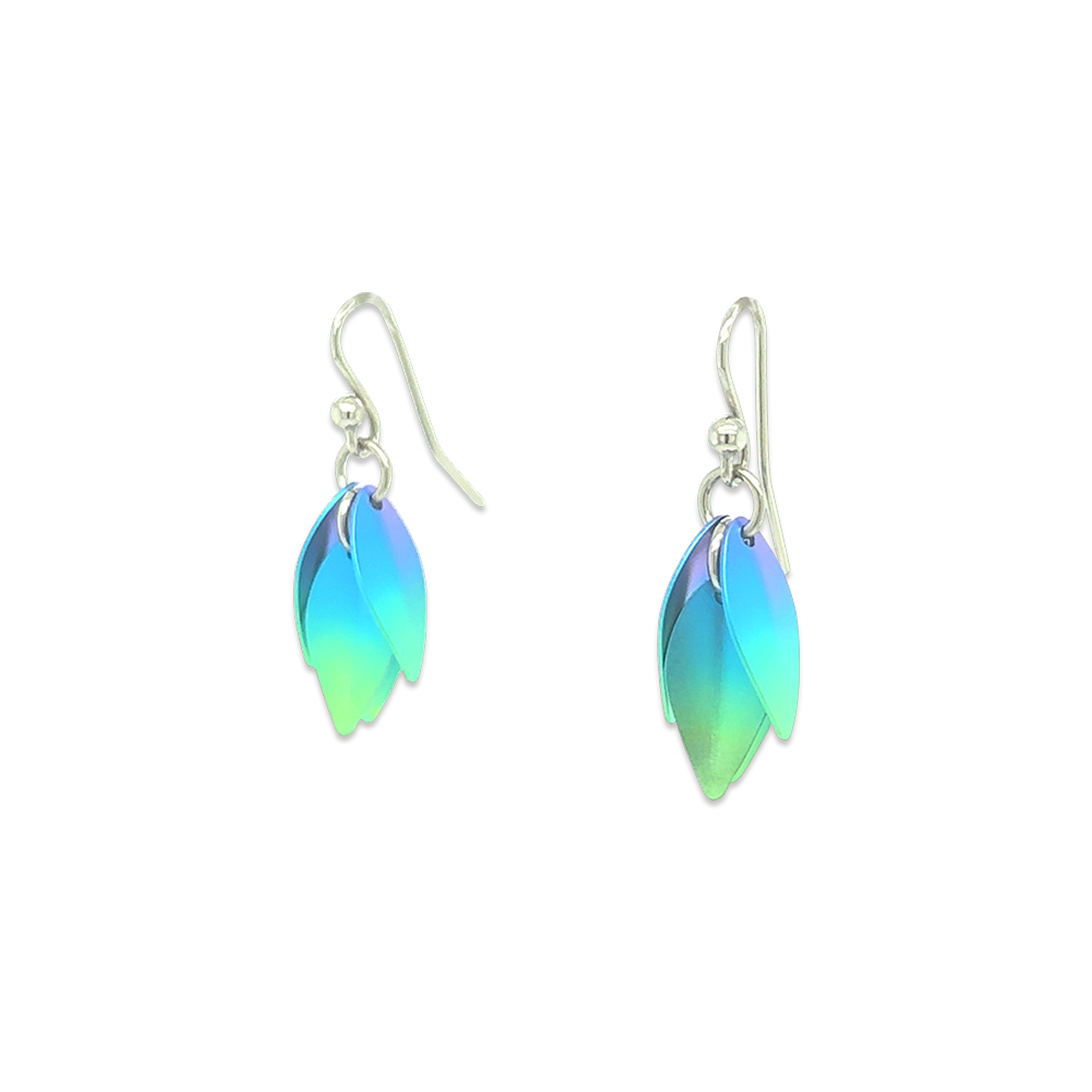 Titanium drop flower shaped earrings with green and blue ombre