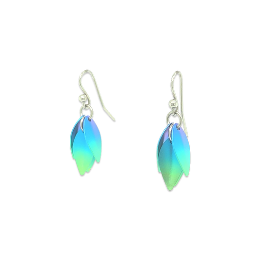 Titanium drop flower shaped earrings with green and blue ombre