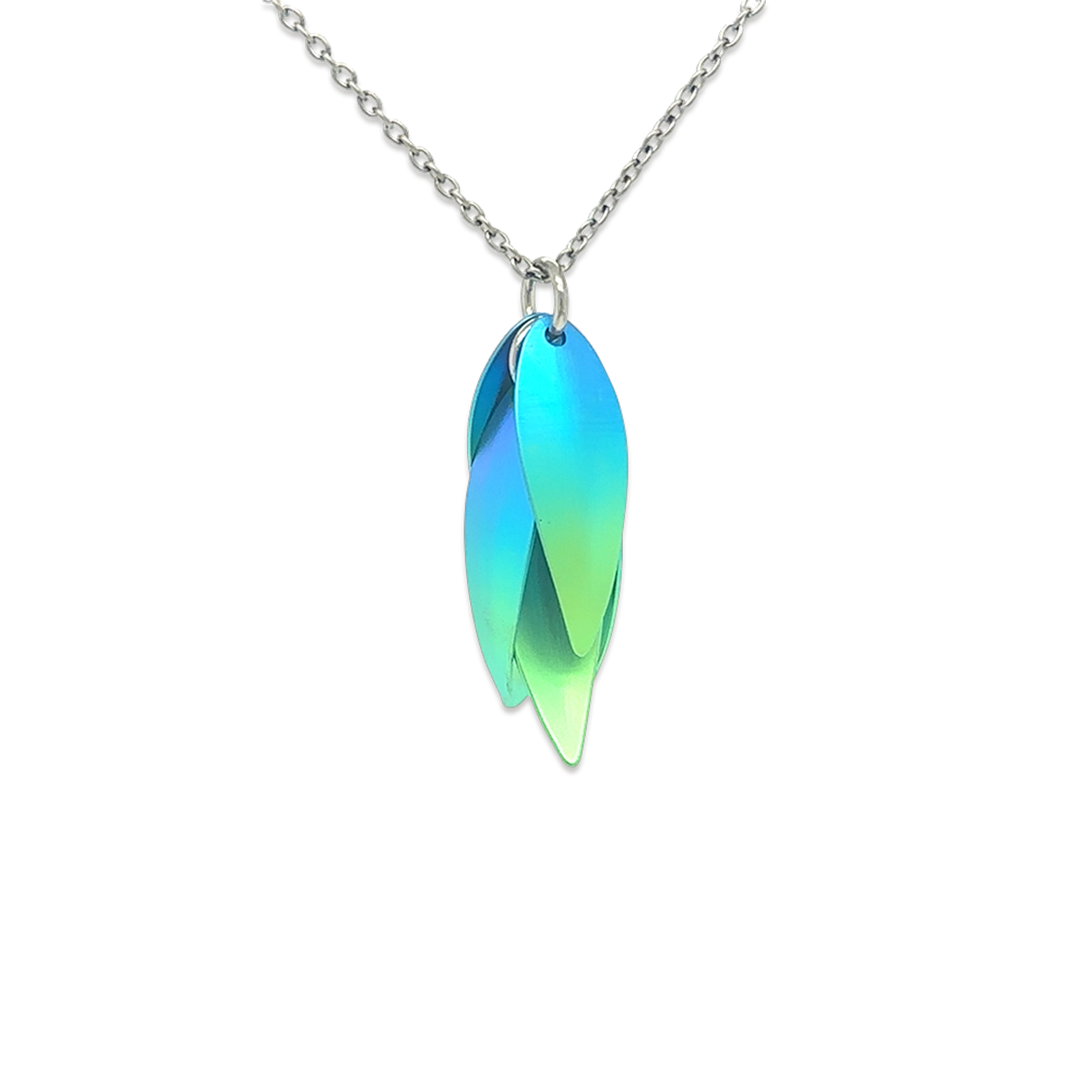 A titanium drop flower shaped pendant with green and blue ombre