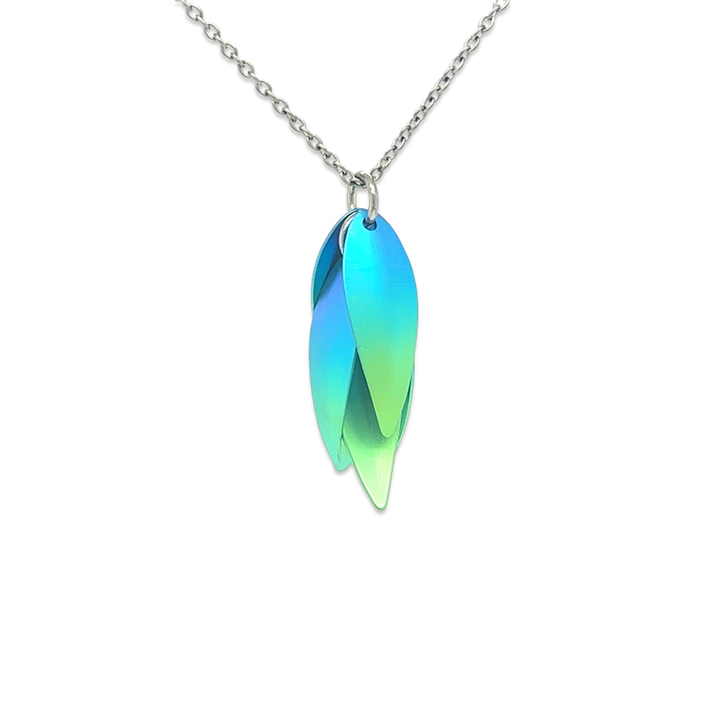 A titanium drop flower shaped pendant with green and blue ombre