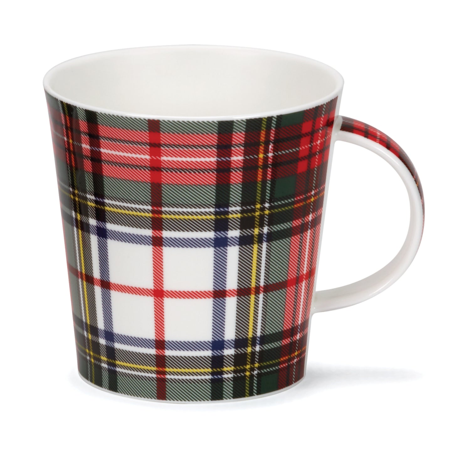 Red, green, yellow, blue tartan patterned white mug