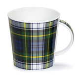 A green, blue and yellow tartan patterned white mug