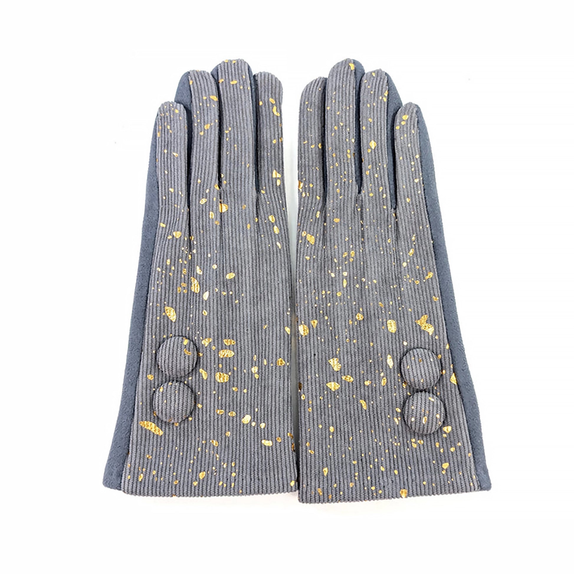 Grey corduroy gloves with button cuffs and a gold foil splatter design