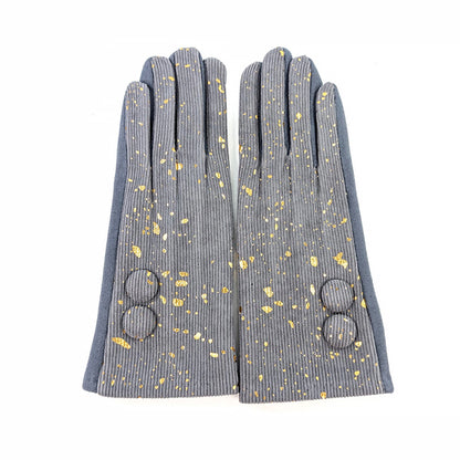 Grey corduroy gloves with button cuffs and a gold foil splatter design