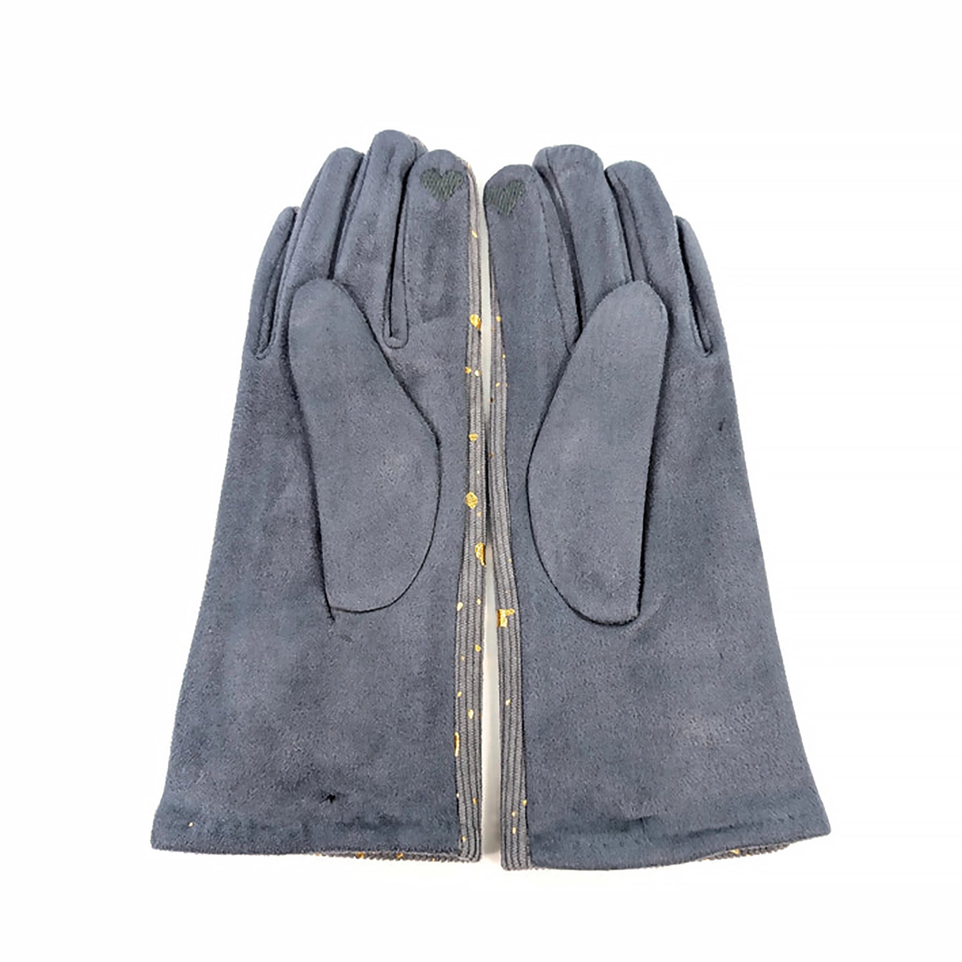 Grey faux suede gloves with heart embroidered touch screen finger detail