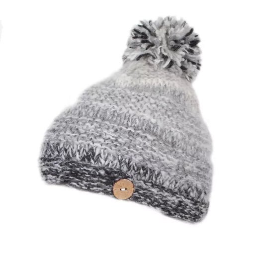 A grey ombre fluffy knitted pompom hat with button detail