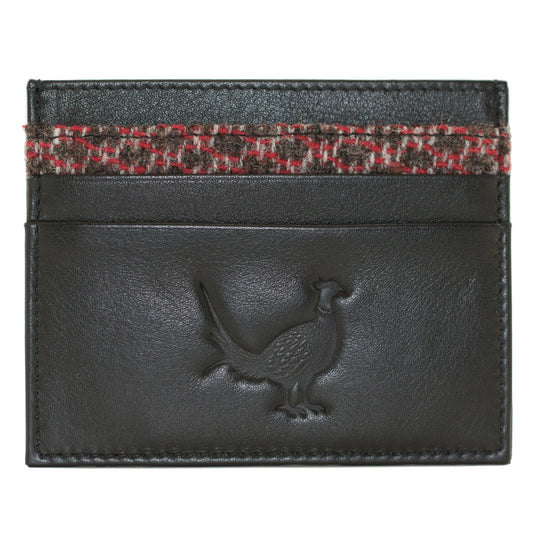 Black leather card holder with embossed pheasant and red tweed trim