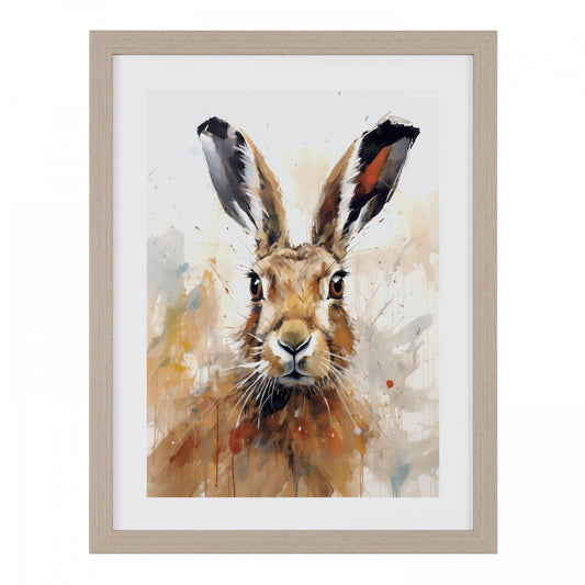 A wall art print of a hare in a neutral palette and wood effect frame