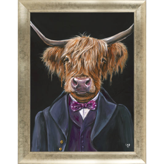 A framed rectangular print featuring a painting of a Highland cow in a suit