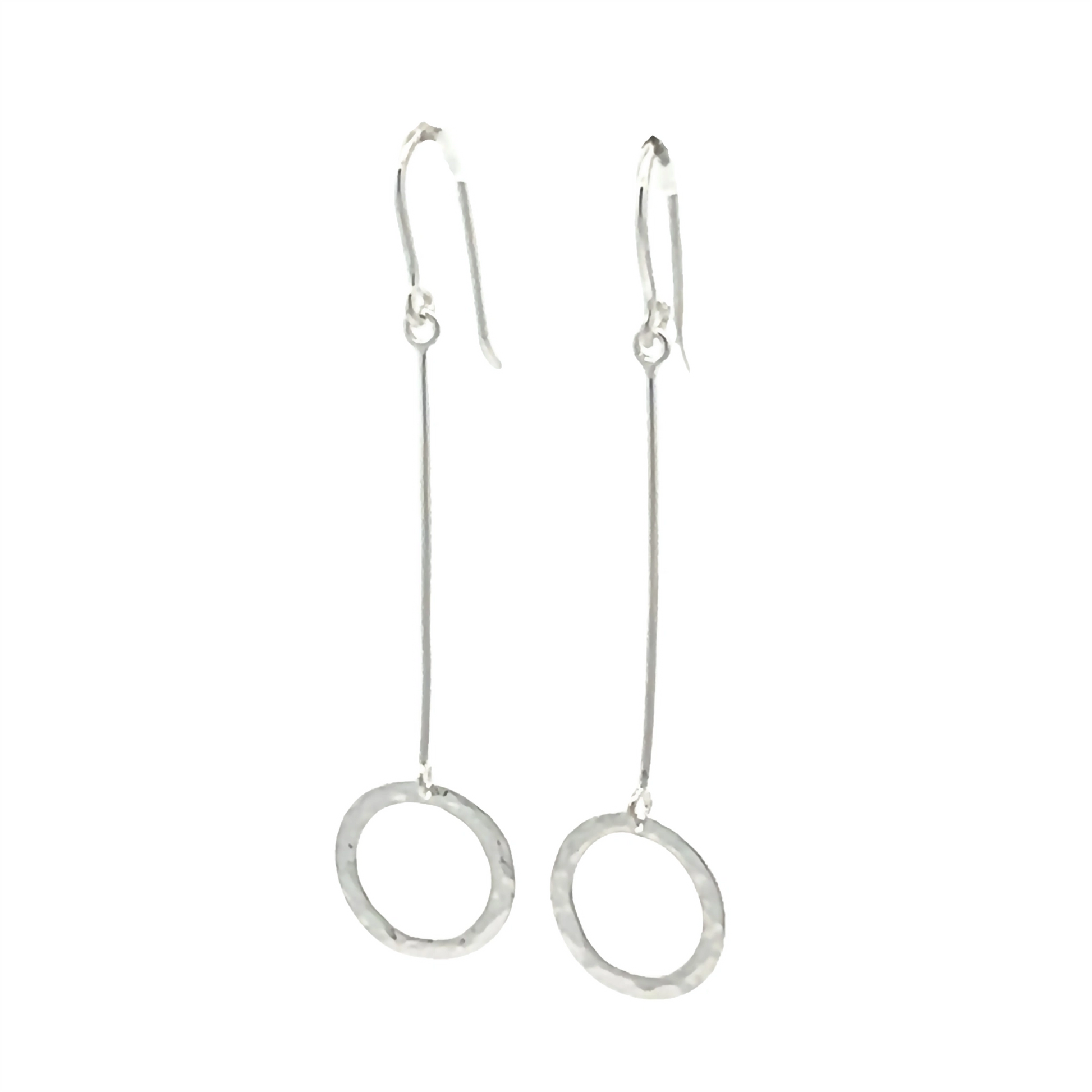 Pair of extra long silver drop earrings with open hammered circles at the bottom of long thin bars