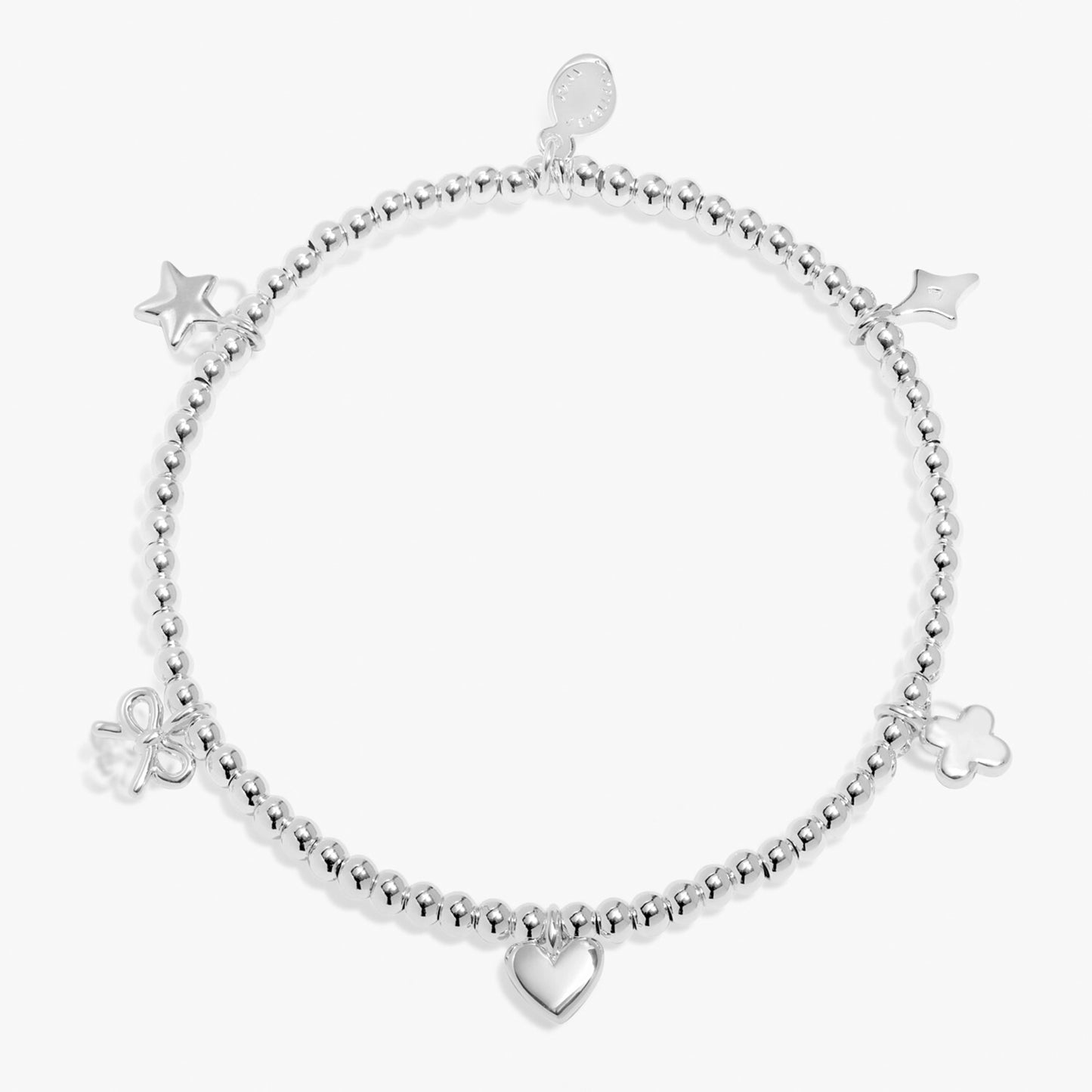 A silver beaded stretch bracelet with five charms, hearts, flowers, bows and stars 