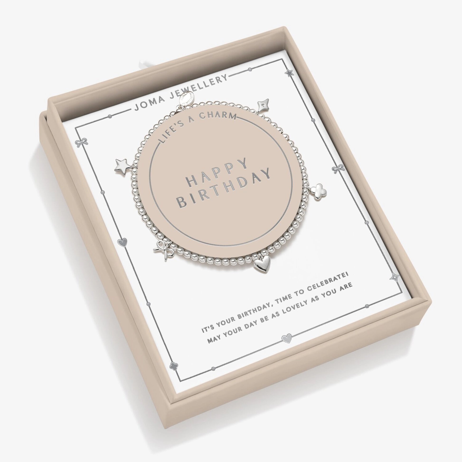 A beaded stretch silver bracelet in box that says Happy Birthday, with five different shaped charms, and a sentiment