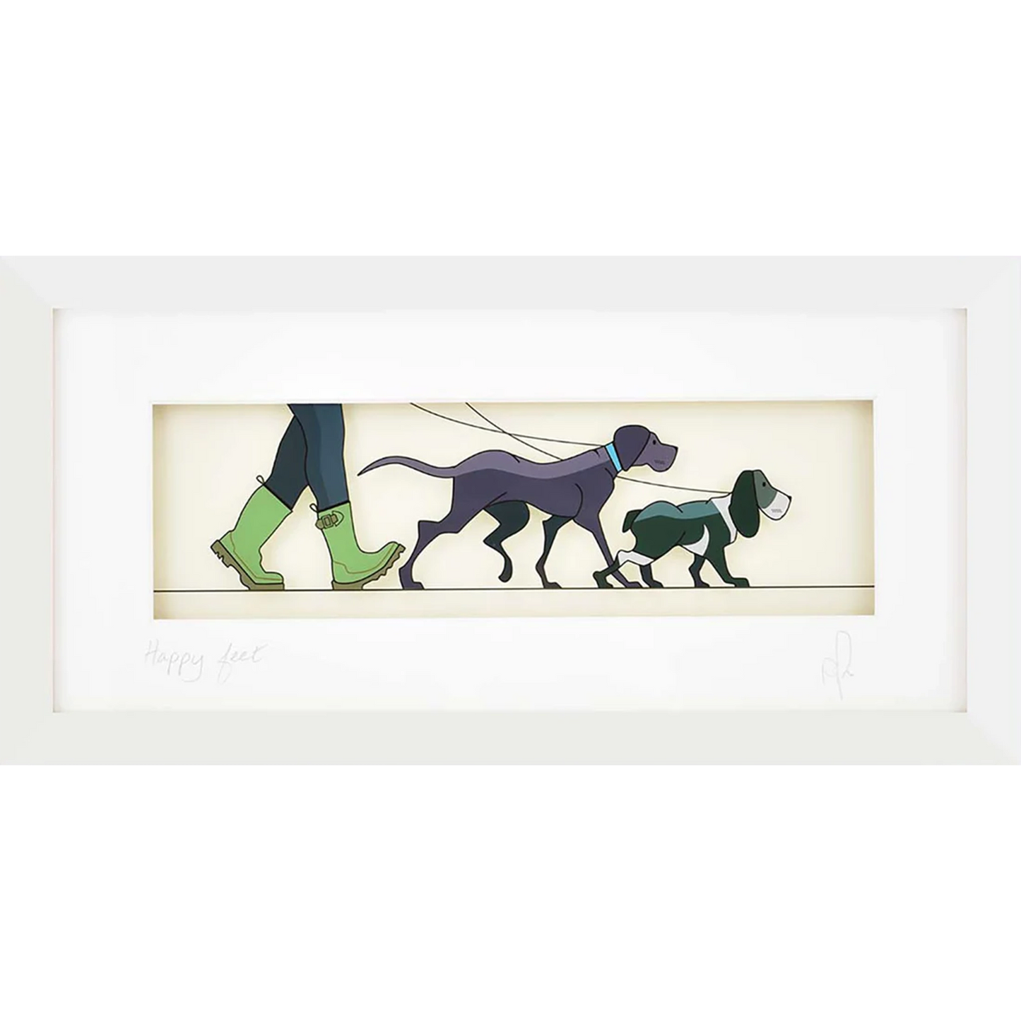 Acrylic framed wall art featuring a man in green boots walking two dogs