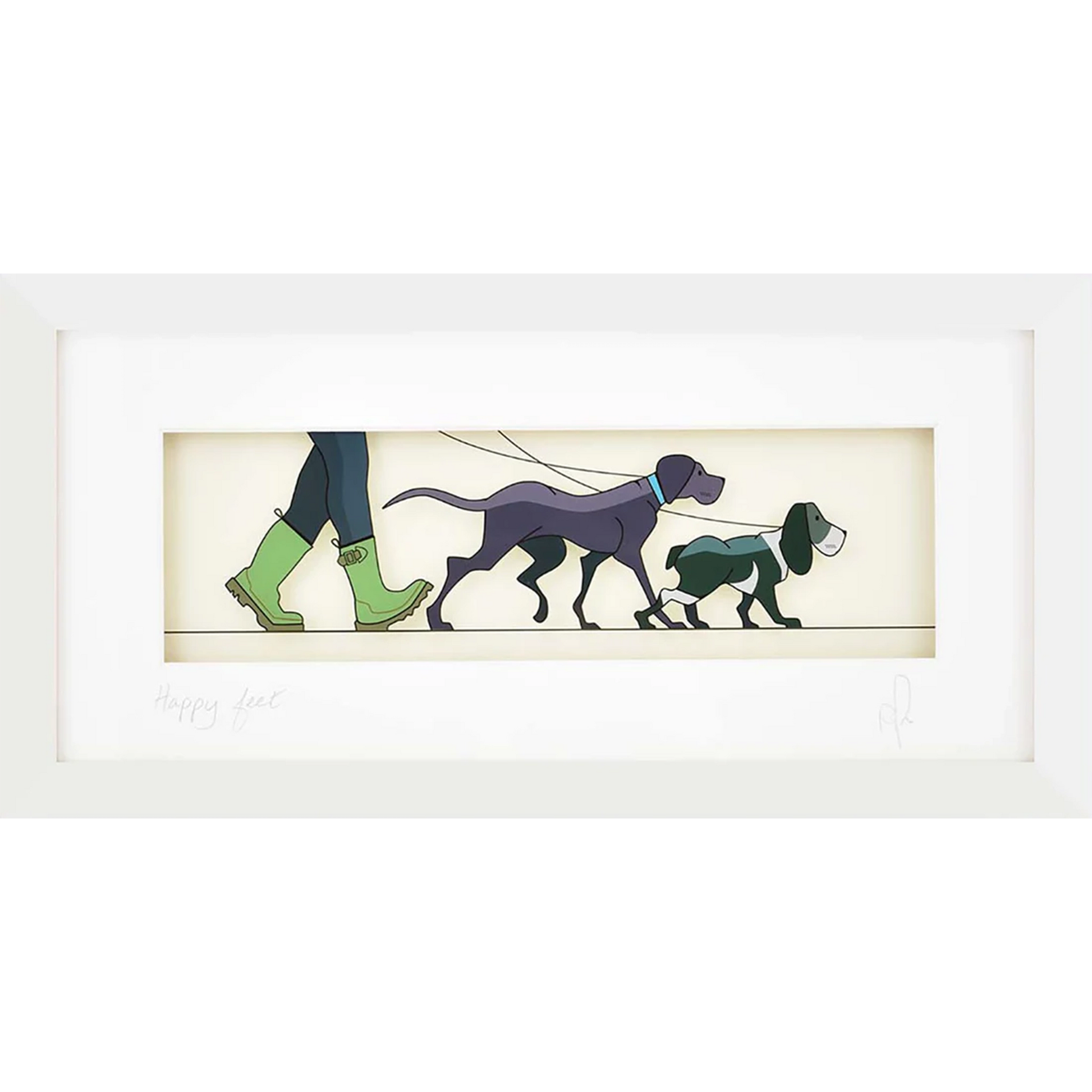 Acrylic framed wall art featuring a man in green boots walking two dogs
