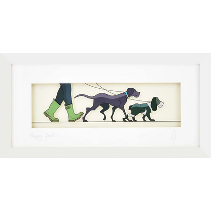 Acrylic framed wall art featuring a man in green boots walking two dogs