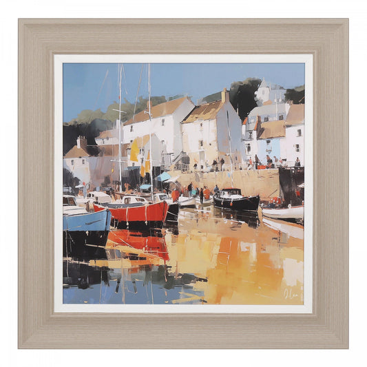 Framed canvas traditional coastal scene with broad brush strokes in a bright primary colour palette