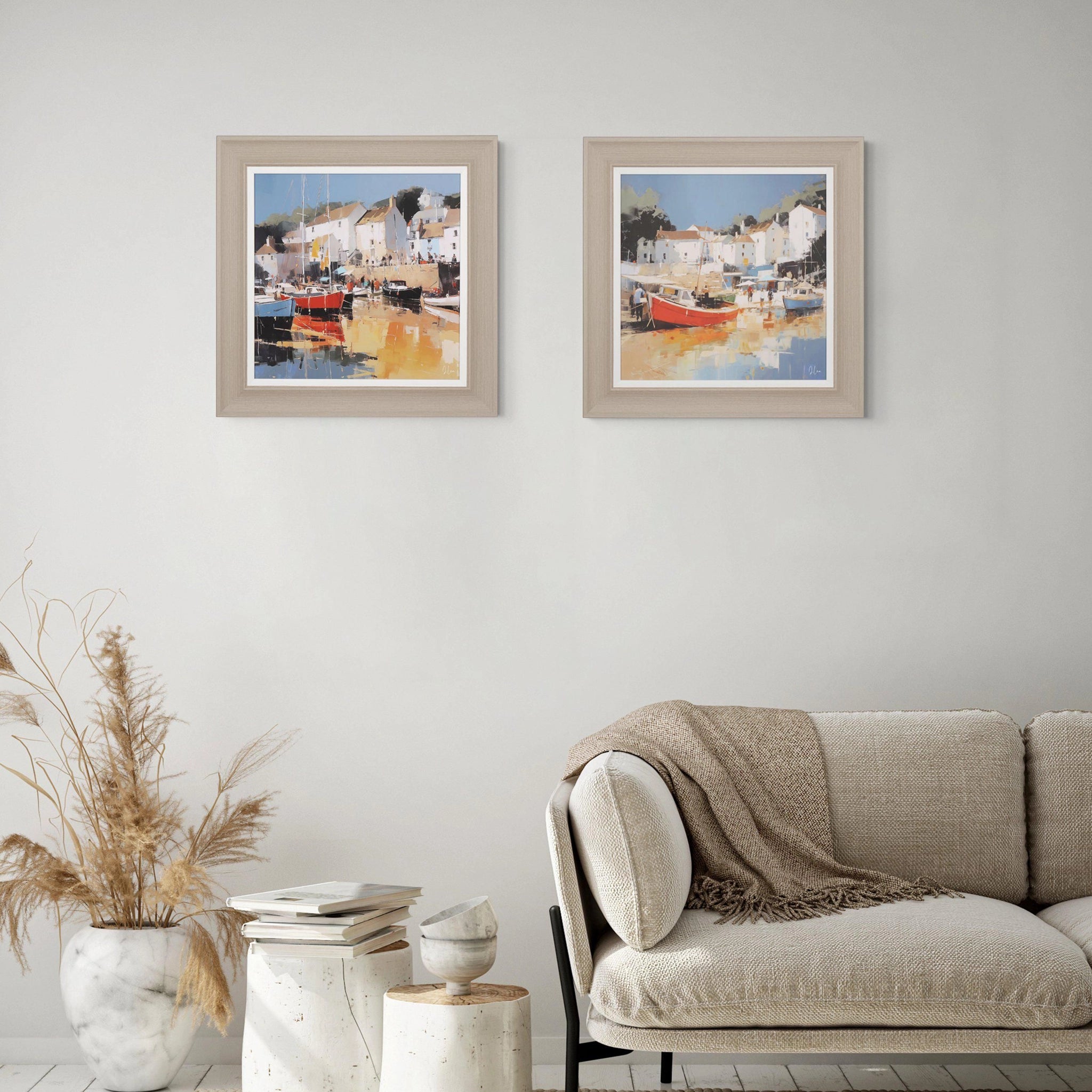 Framed canvas traditional coastal scene with broad brush strokes in a bright primary colour palette hanging