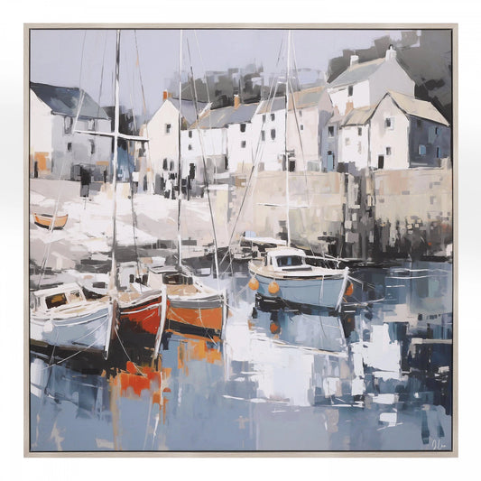 Framed canvas of a traditional coastal scene created using broad brush strokes in a muted colour palette