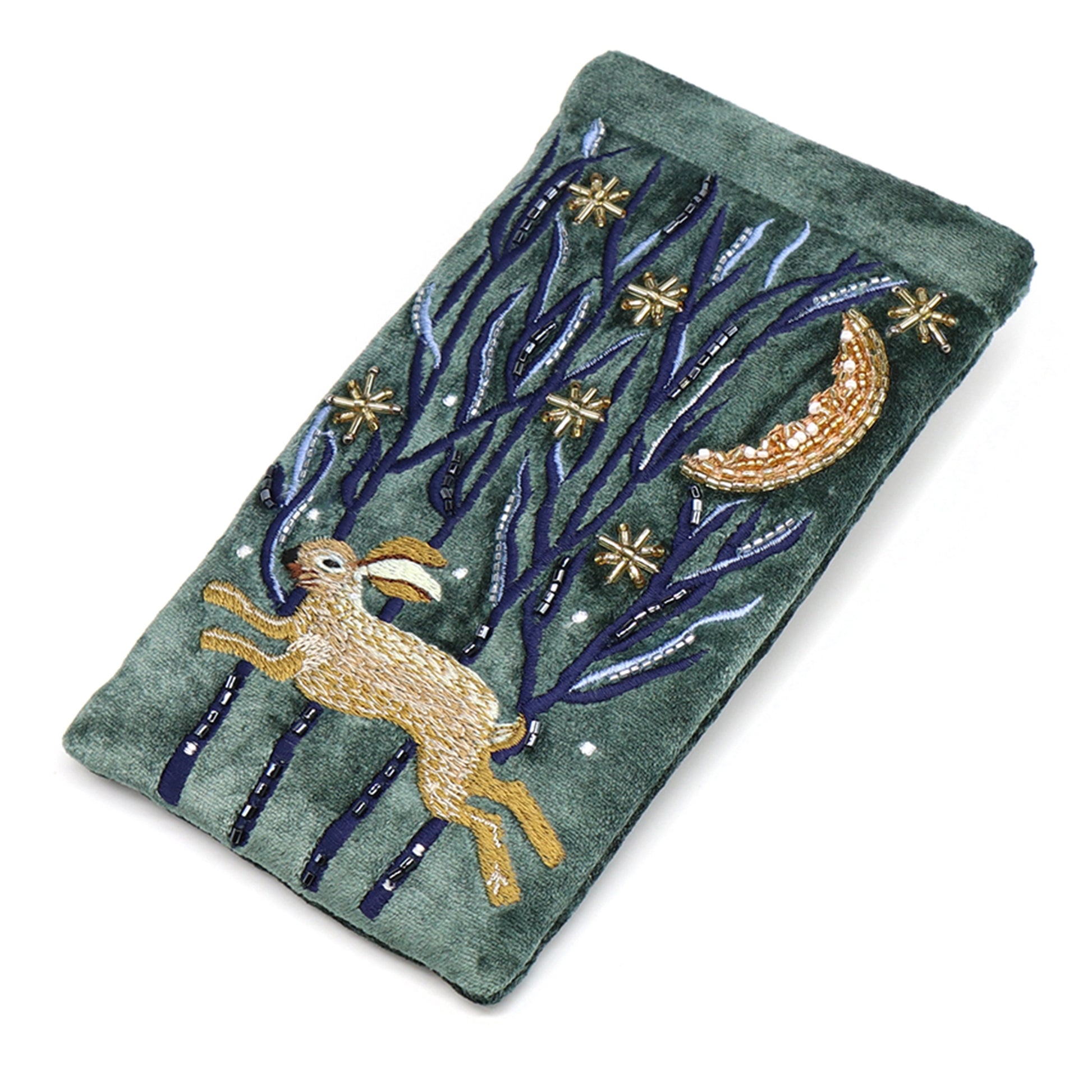 A dark green velvet glasses case with an embroidered and beaded hare design