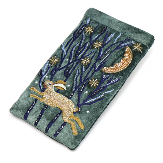 A dark green velvet glasses case with an embroidered and beaded hare design