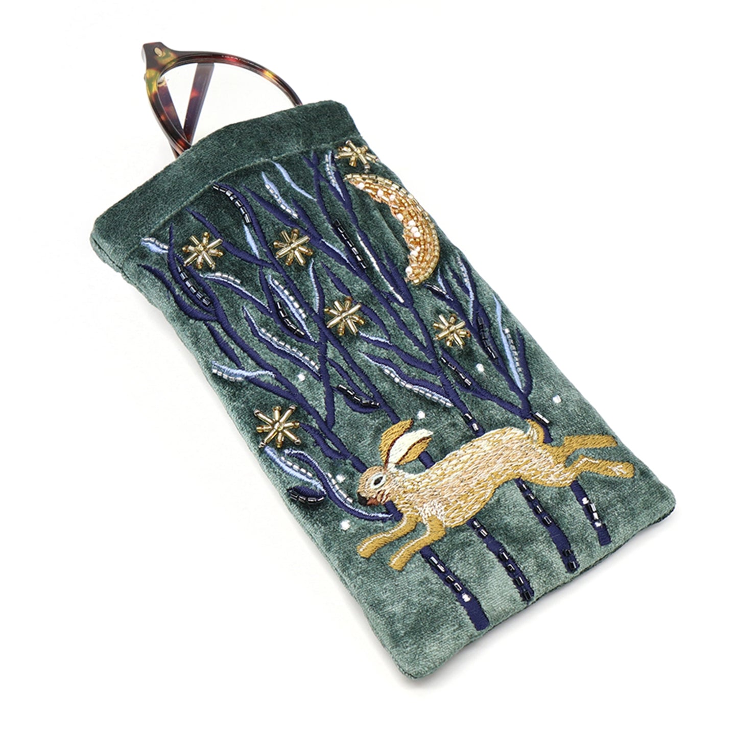 A dark green velvet glasses case with an embroidered and beaded hare design with glasses