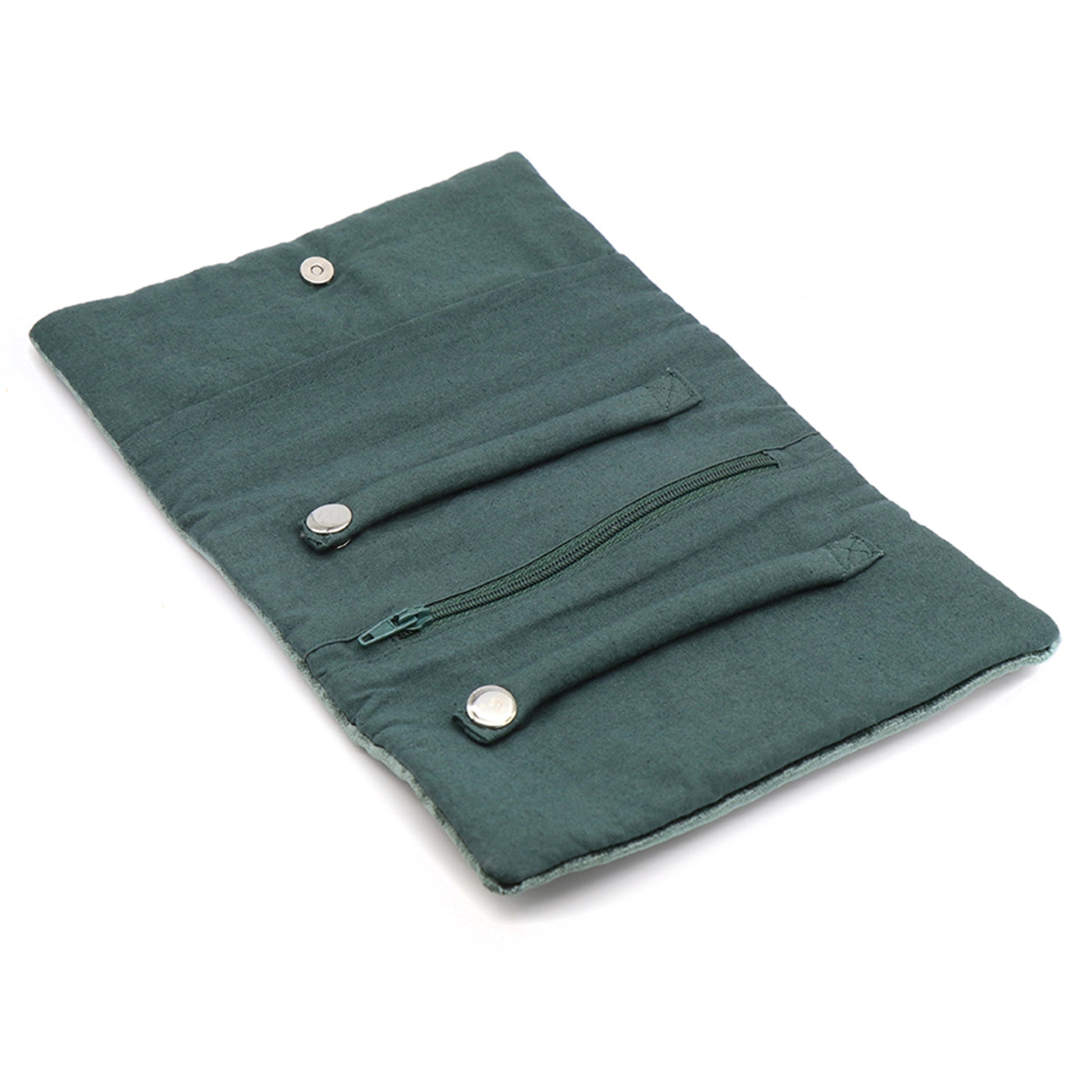 Open dark green velvet jewellery roll with two snap ring rolls and a zip pocket