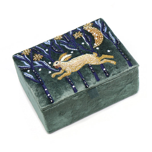 A rectangle dark green velvet jewellery box with an embroidered and beaded hare design