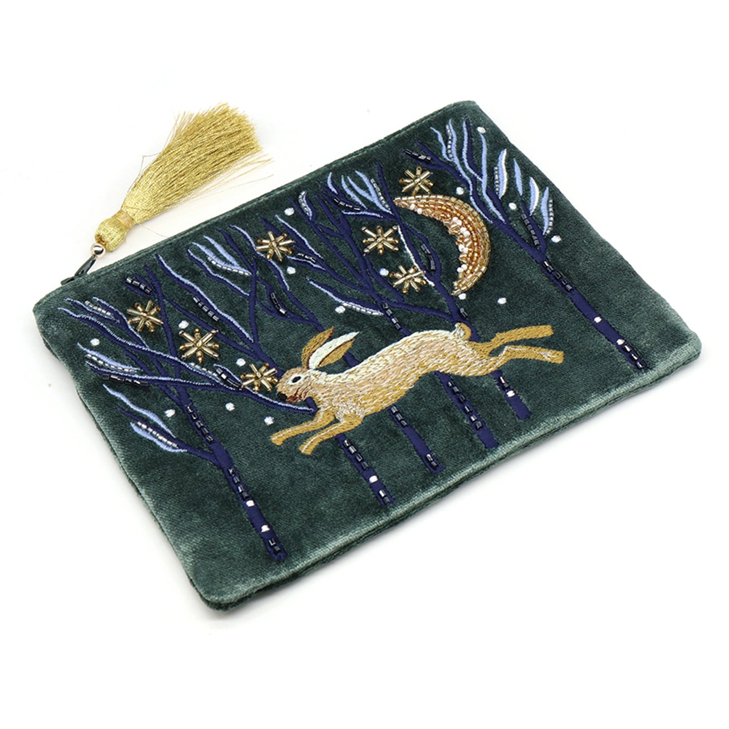 A dark green velvet pouch with a tassel on the zip and an embroidered and beaded hare design