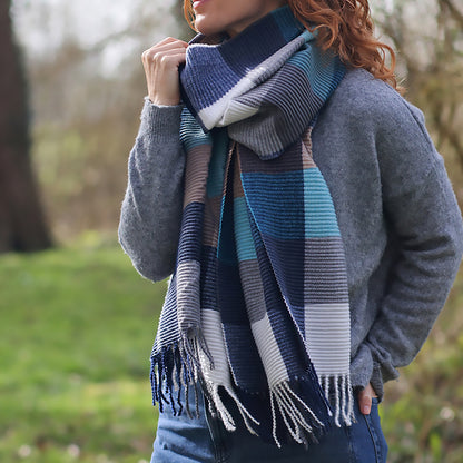 Harriet Pleated Block Scarf | Navy & Taupe