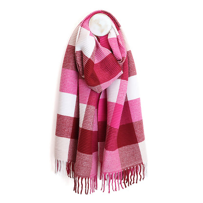 Harriet Pleated Block Scarf | Raspberry & White