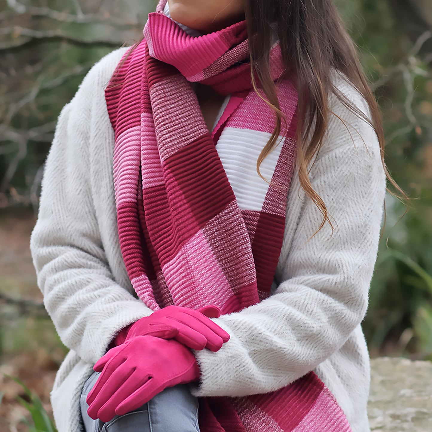 Harriet Pleated Block Scarf | Raspberry & White