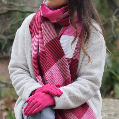 Harriet Pleated Block Scarf | Raspberry & White