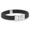 A braided black leather bracelet with stainless steel bar detail and chunky slider clasp