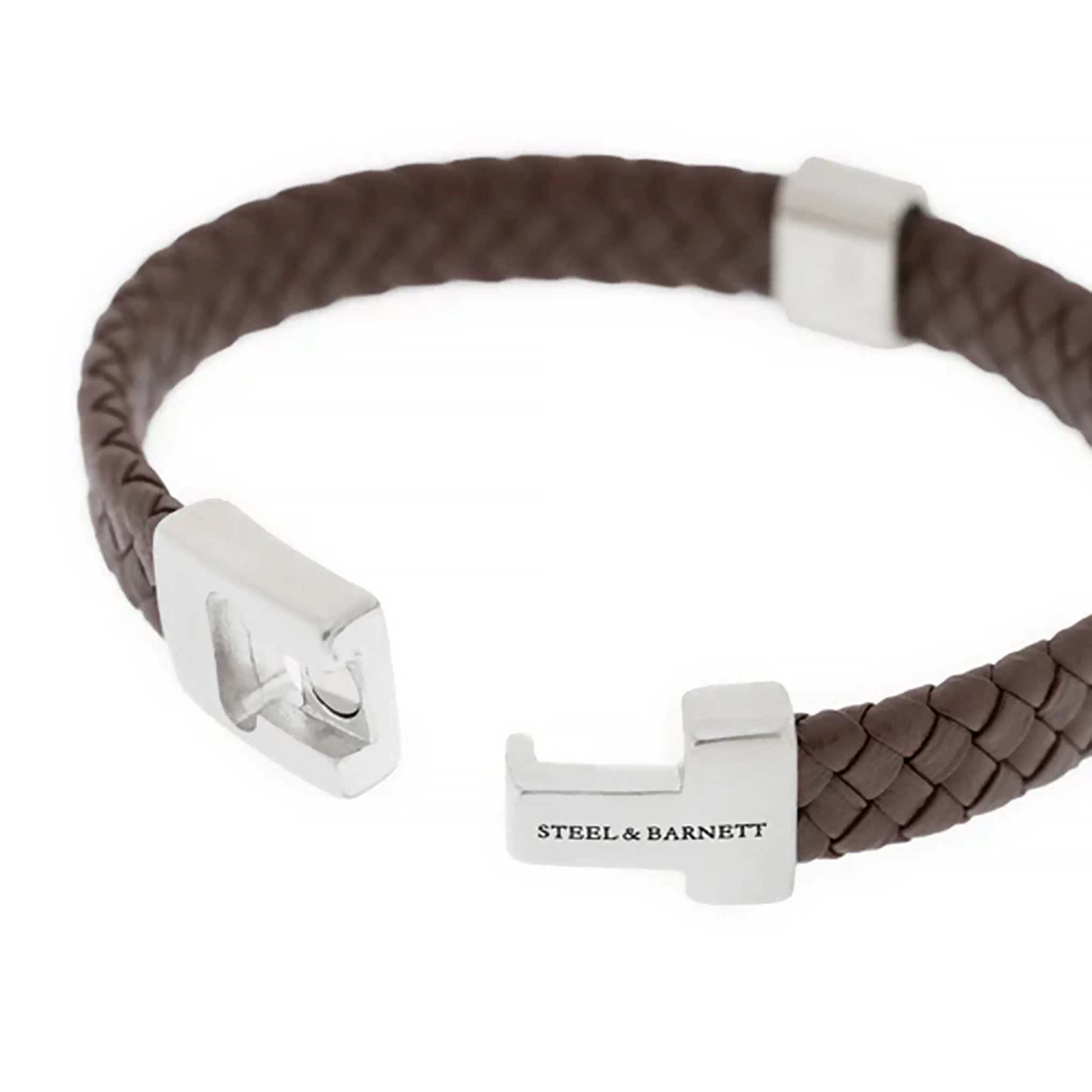 A braided brown leather bracelet with stainless steel bar detail and chunky slider clasp