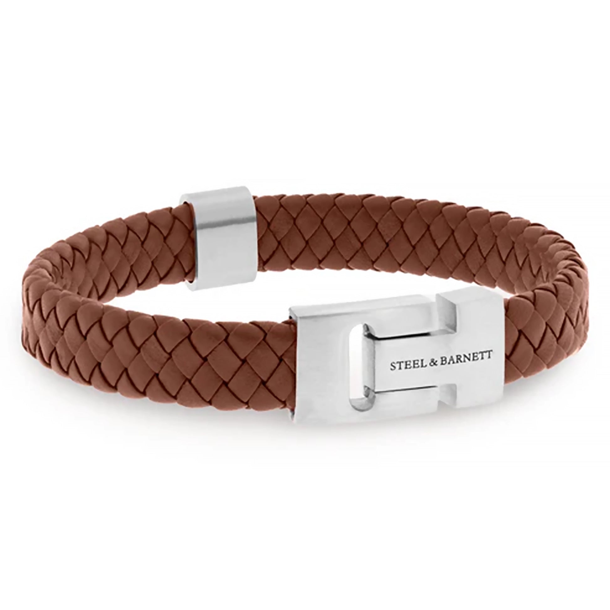 A braided brown leather bracelet with stainless steel bar detail and chunky slider clasp