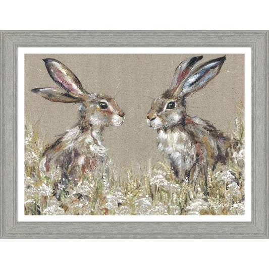A framed print with textured canvas background and two painted hares