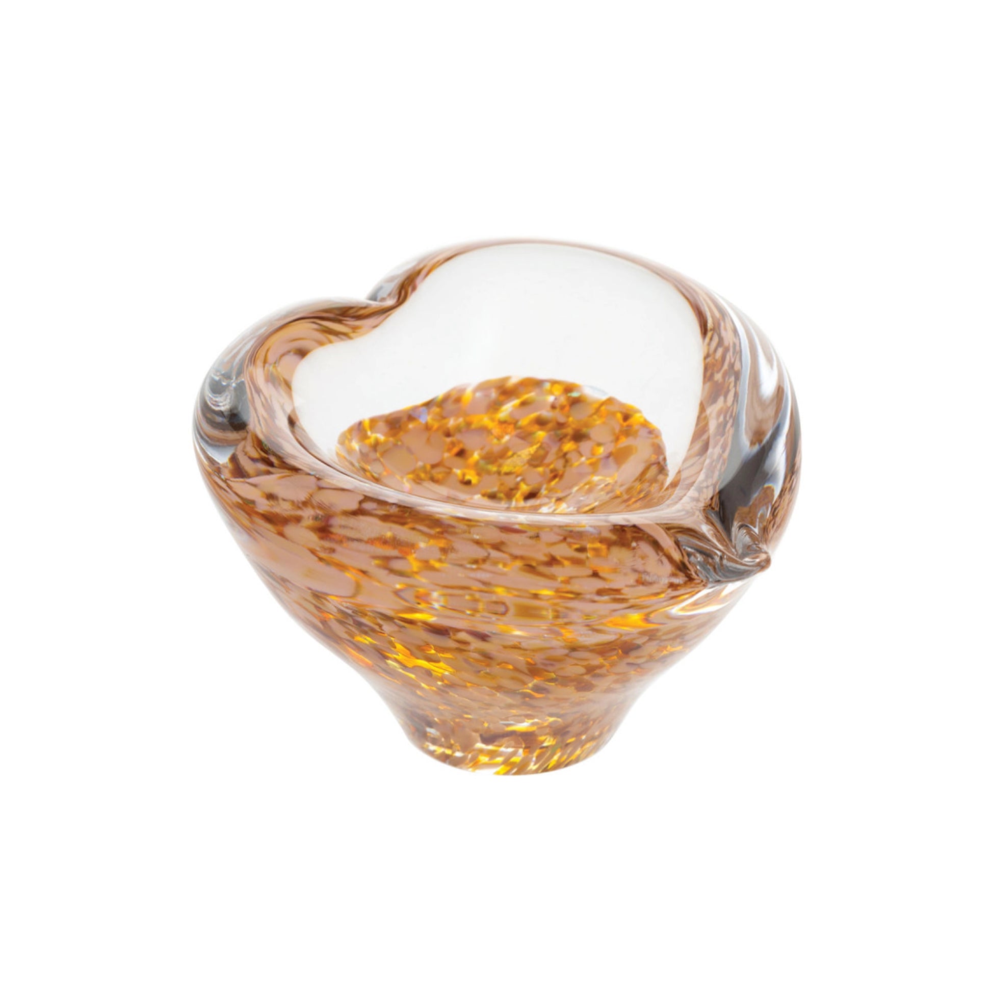 Glass paperweight heart shaped bowl with glittery gold inclusions