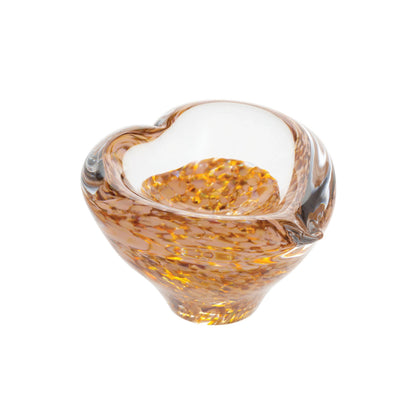 Glass paperweight heart shaped bowl with glittery gold inclusions