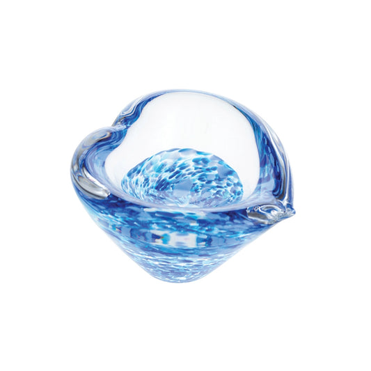 Glass paperweight heart shaped bowl with blue inclusions
