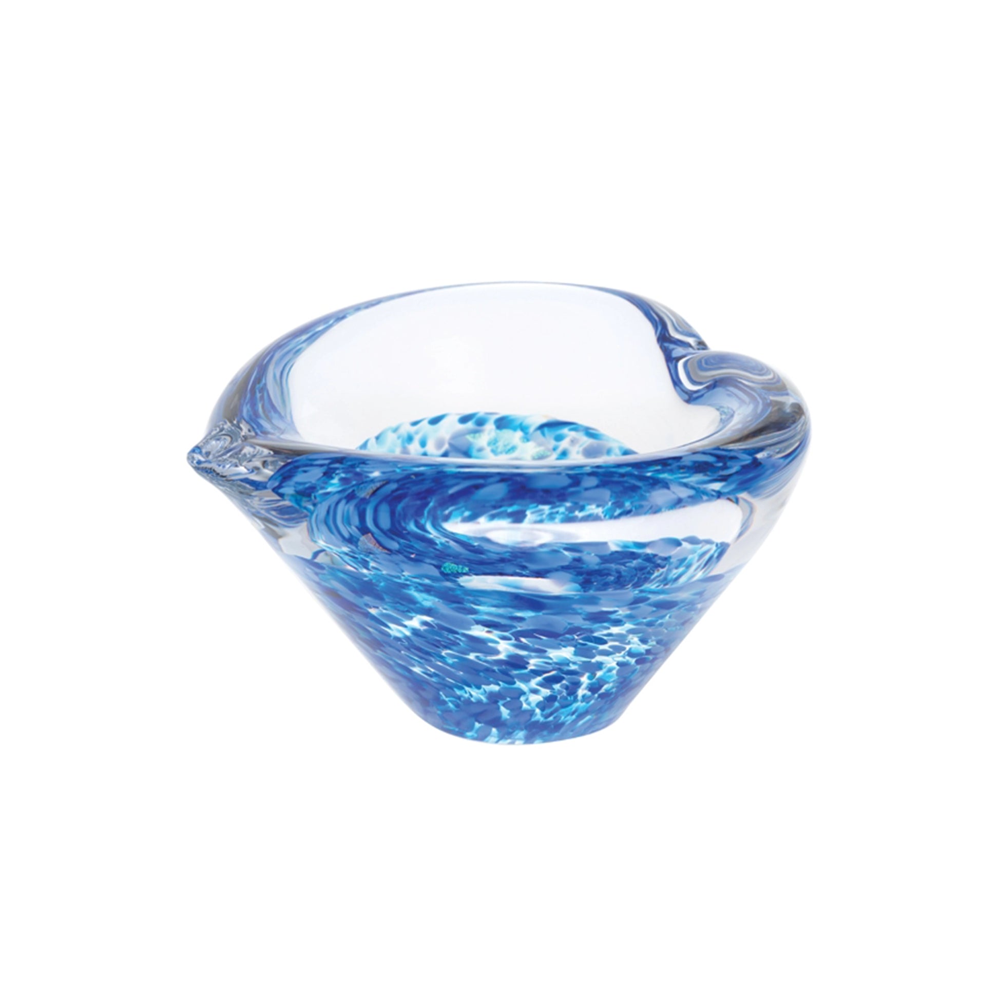 Glass paperweight heart shaped bowl with blue inclusions