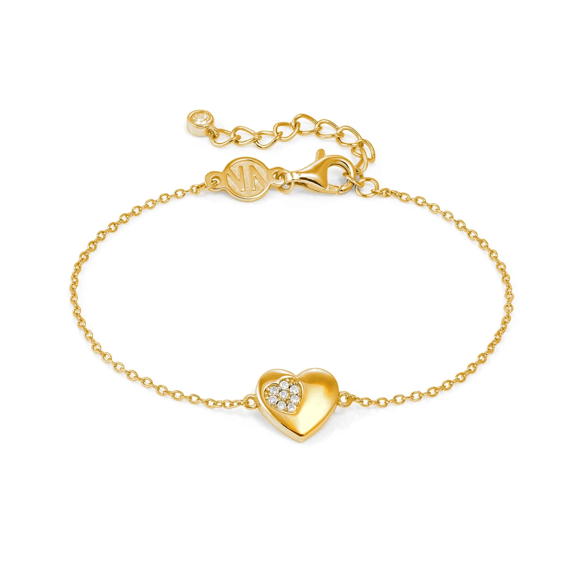 Gold chain bracelet with a heart charm set with a smaller heart Pave CZ cluster