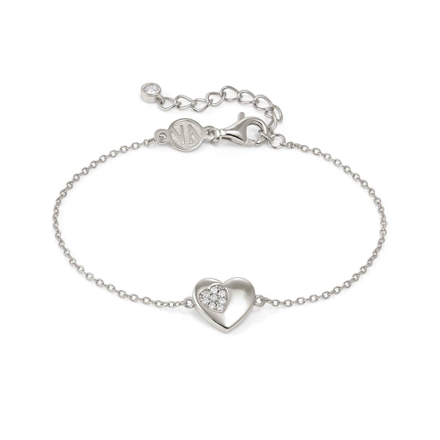 Silver chain bracelet with a heart charm set with a smaller heart Pave CZ cluster