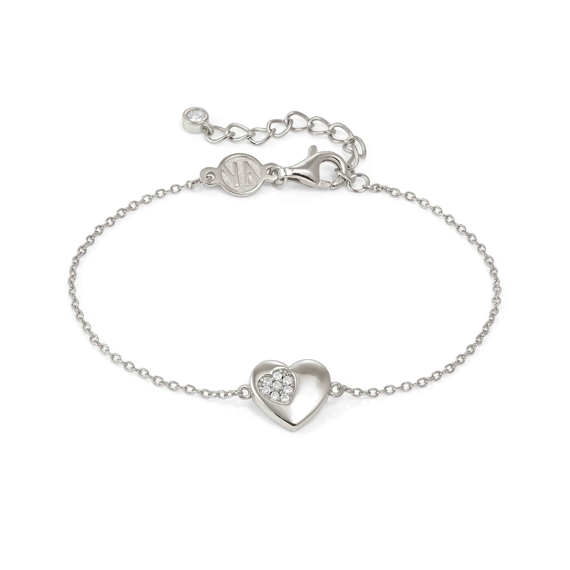 Silver chain bracelet with a heart charm set with a smaller heart Pave CZ cluster